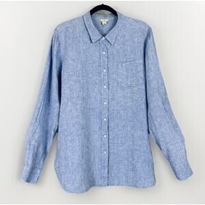 LL Bean Premium Washable 100% Linen Long Sleeve Shirt Women Large Chambray Blue